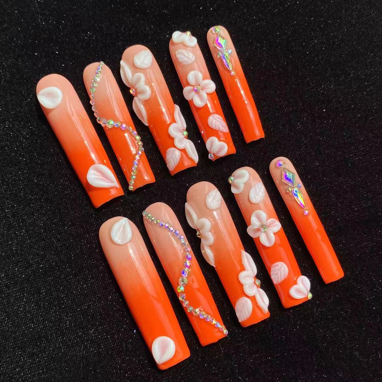 P46 Flower Handmade Press On Nails (Length 2.2“) 10PCS